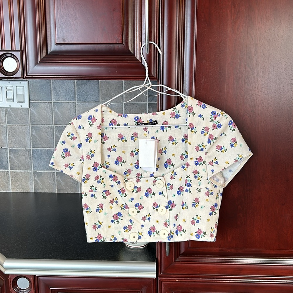 ZARA linen blend floral print cropped top size medium - Picture 8 of 13